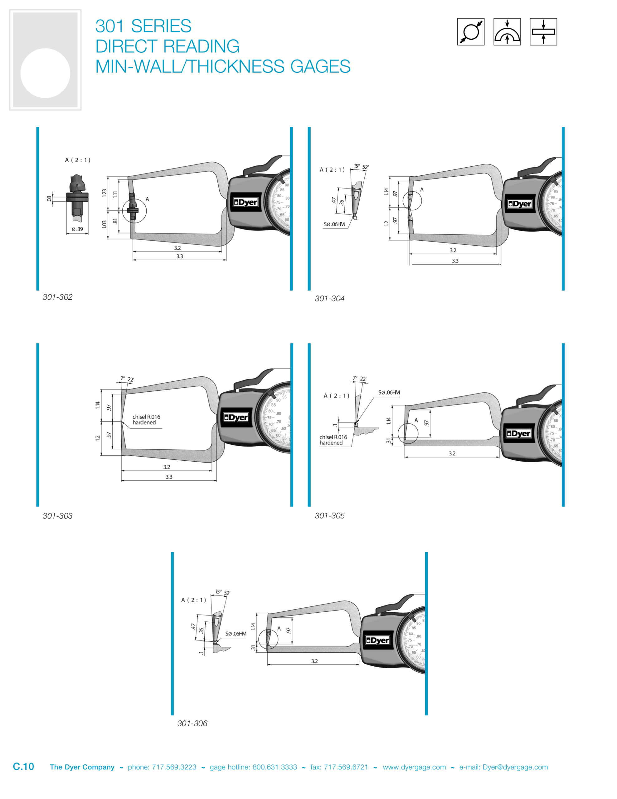 301 Series direct reading min-wall/thickness gages — models 301-302 through 301-306 drawings