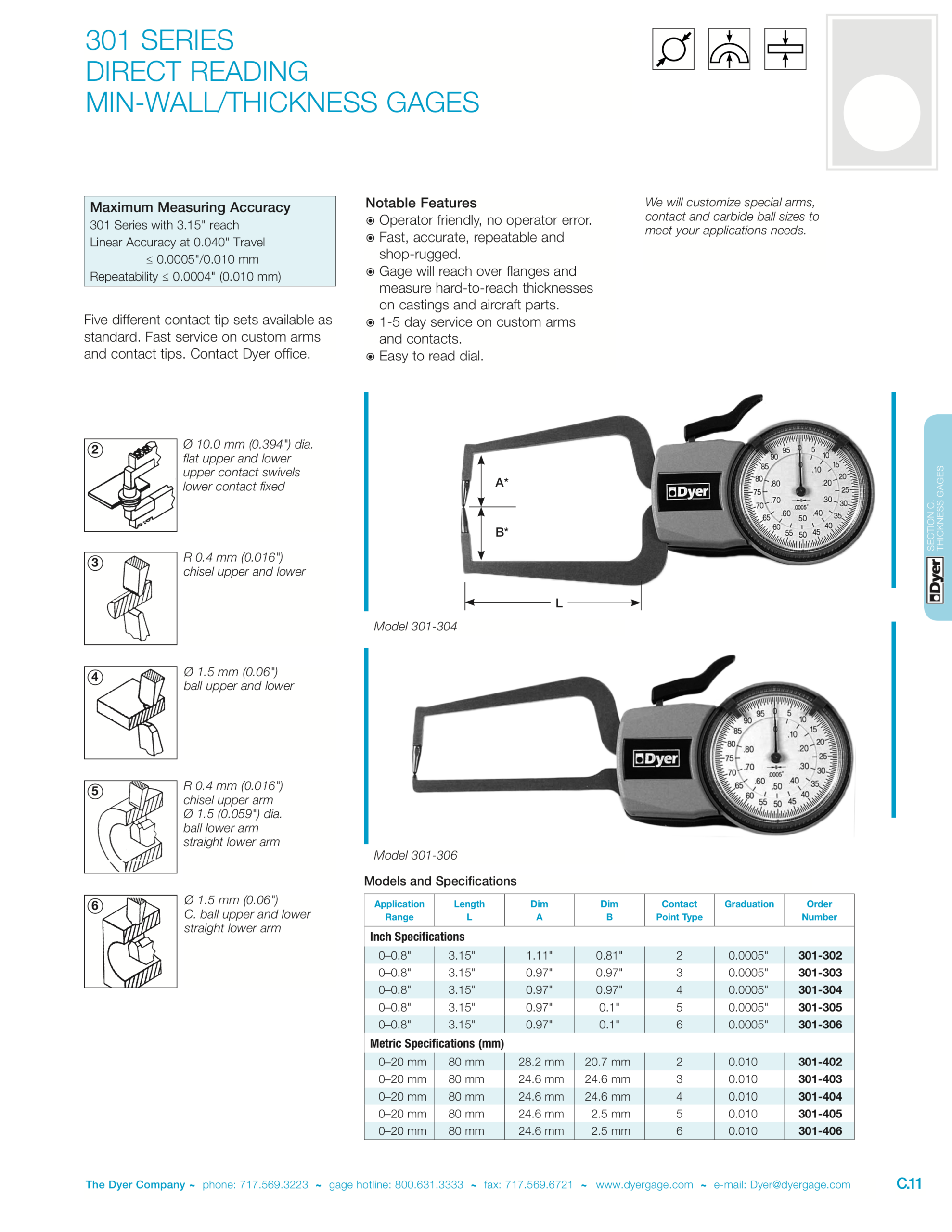 301 Series direct reading min-wall/thickness gages — features, contact tip sets, models and specifications